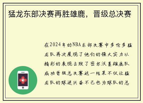 猛龙东部决赛再胜雄鹿，晋级总决赛